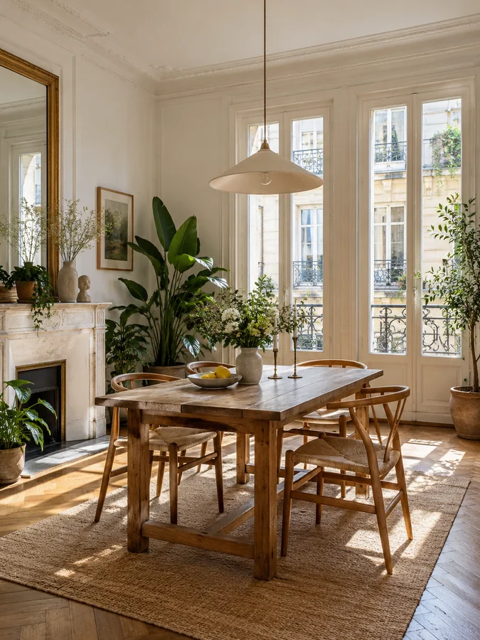 Illustration générée par IA : coin repas d’un appartement avec table en bois et plantes
