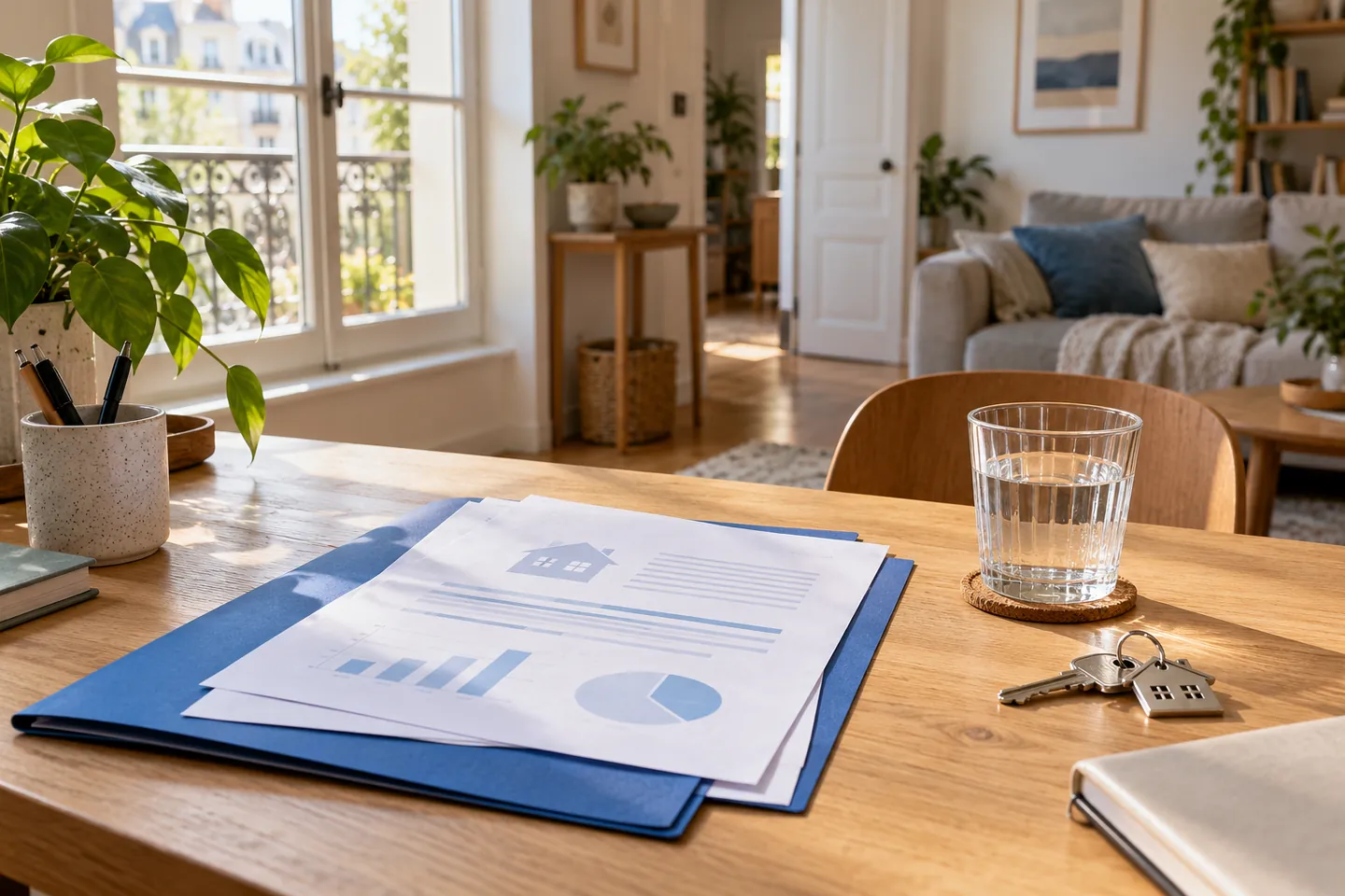 Illustration fictive générée par IA : Dossier bleu, clés et documents vierges sur un bureau dans un logement fictif