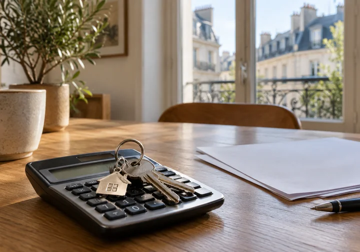 Illustration générée par IA : clés posées sur une calculatrice pour préparer un budget immobilier