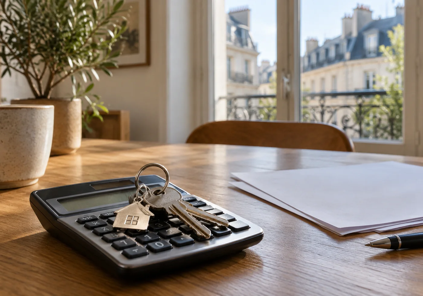 Illustration générée par IA : clés posées sur une calculatrice pour préparer un budget immobilier