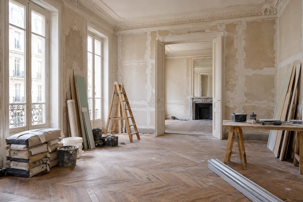 Illustration générée par IA : pièce lumineuse en cours de rénovation avec matériaux et outils