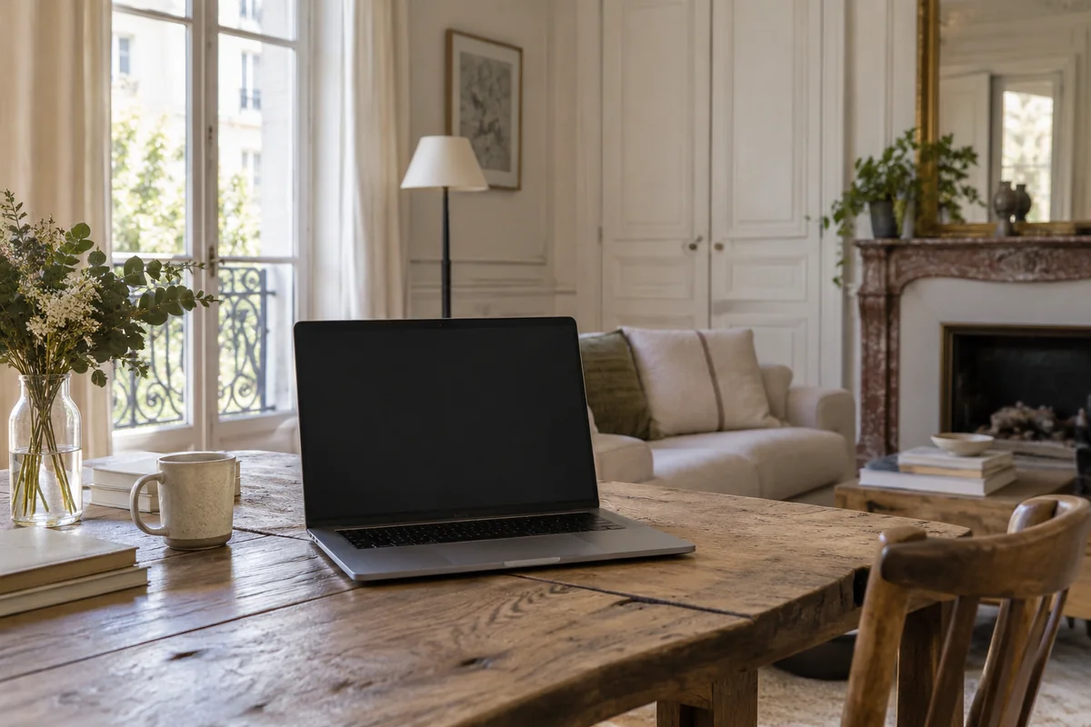 Illustration générée par IA : ordinateur portable posé sur une table dans un salon