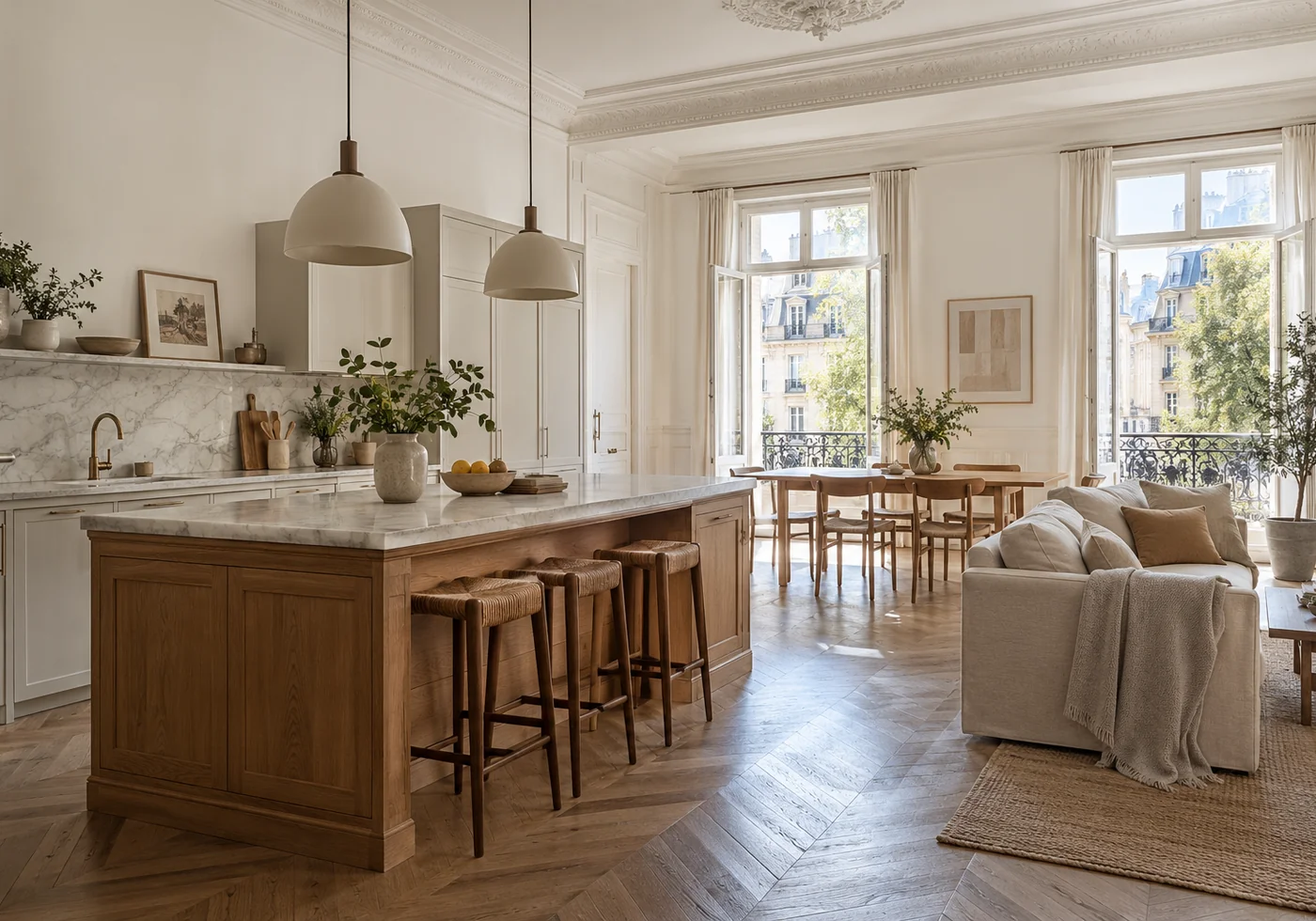Illustration générée par IA : cuisine et salon contemporains avec lumière naturelle et matériaux en bois