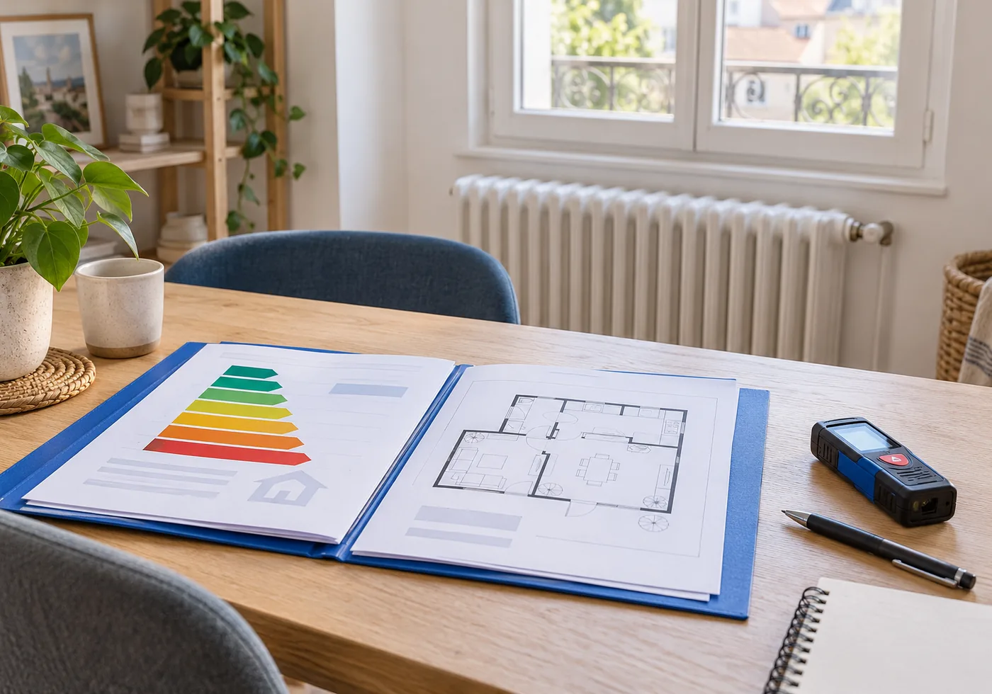 Illustration générée par IA : dossier énergétique fictif et appareil de mesure sur une table près d’un radiateur