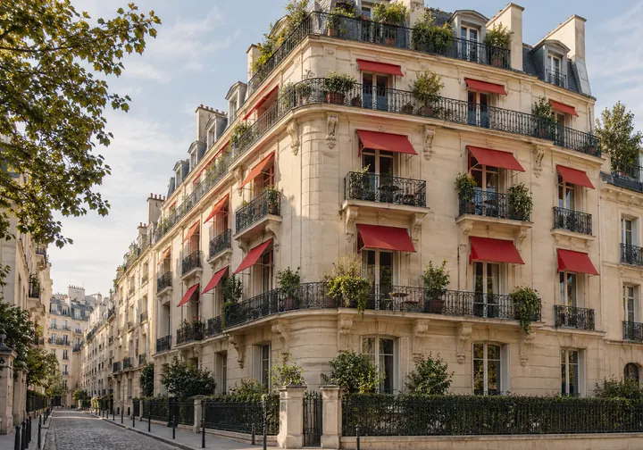 Illustration générée par IA : immeuble résidentiel moderne avec balcons et stores rouges en France