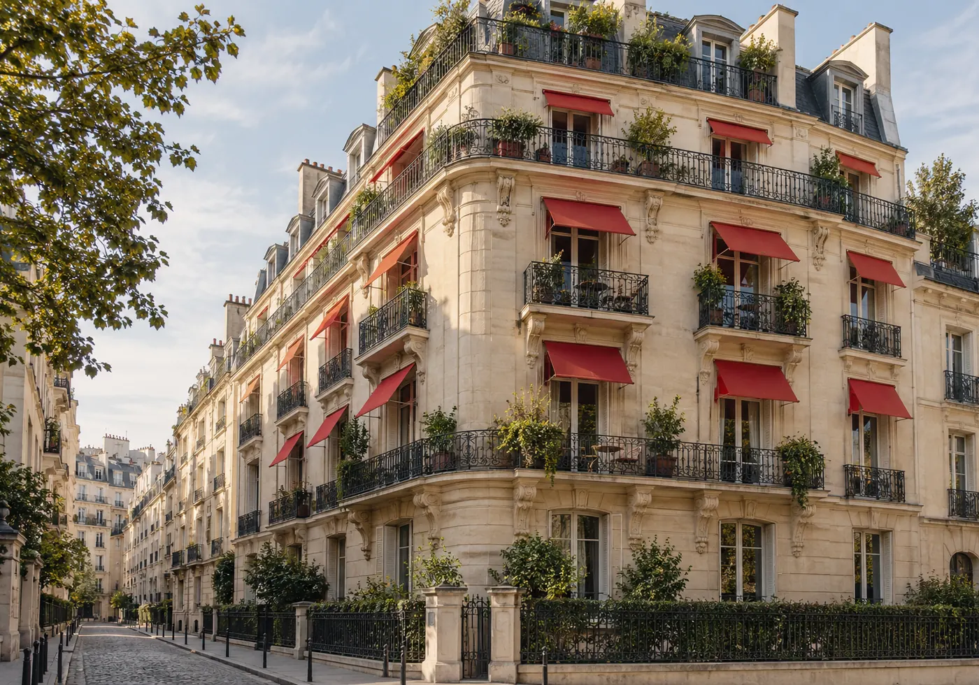 Illustration générée par IA : immeuble résidentiel moderne avec balcons et stores rouges en France