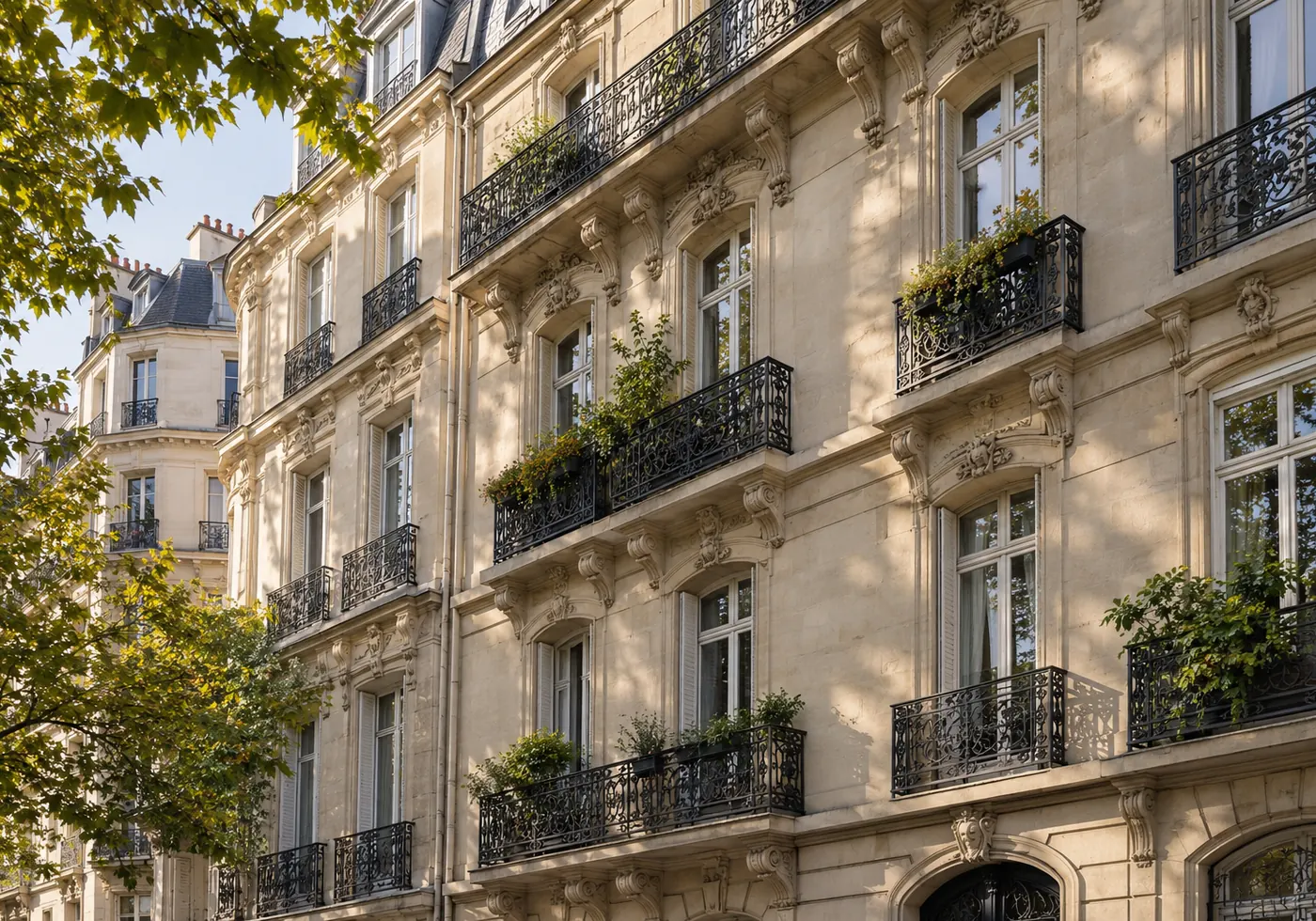 Illustration générée par IA : façade d’un immeuble parisien avec balcons et fenêtres traditionnelles