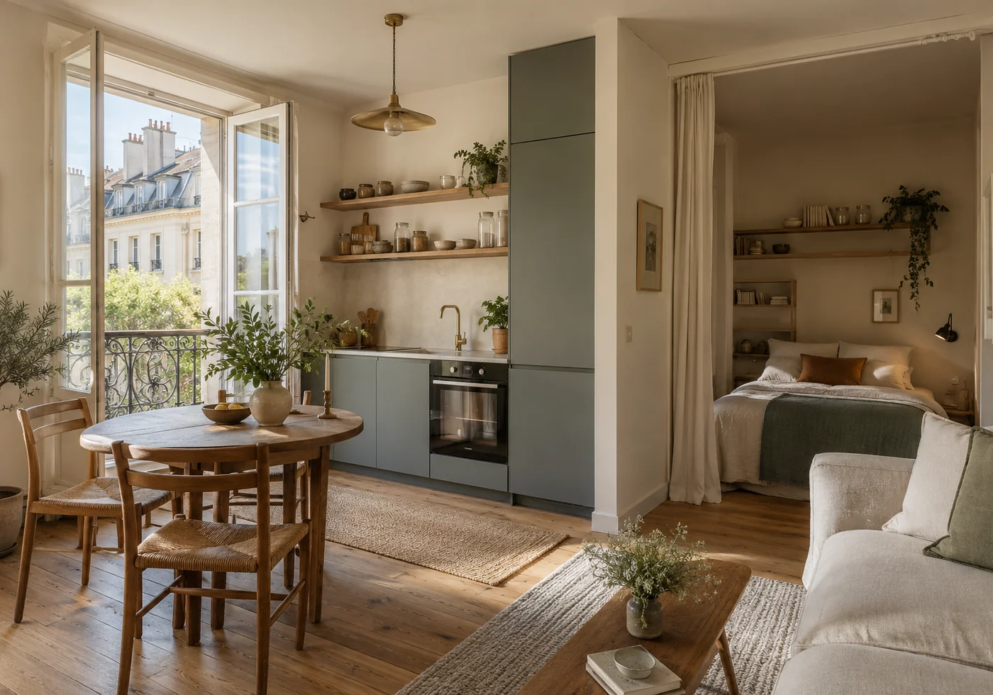Illustration générée par IA : appartement ouvert avec chambre, cuisine et mobilier en bois