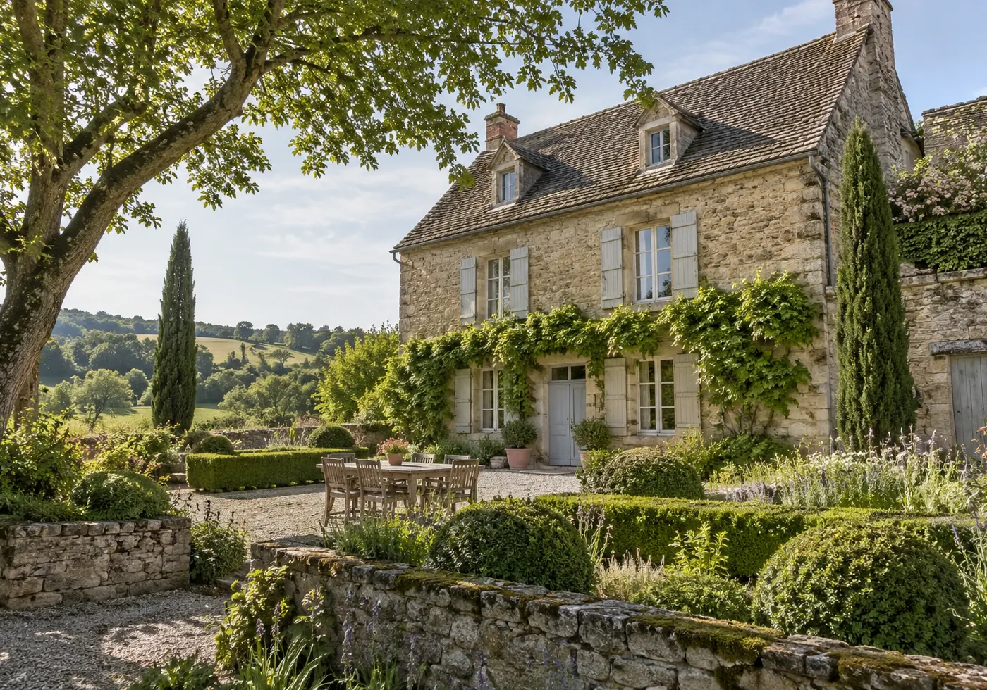 Illustration générée par IA : maison ancienne en pierre dans la campagne française