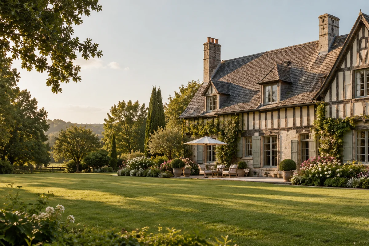 Illustration générée par IA : maison à colombages dans un jardin fleuri en Normandie, photo d’illustration
