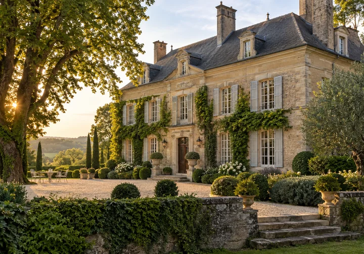 Illustration générée par IA : maison de caractère française entourée d’un jardin paysager