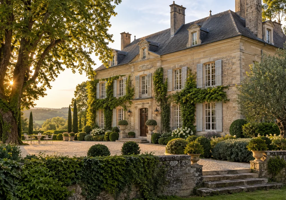 Illustration générée par IA : maison de caractère française entourée d’un jardin paysager