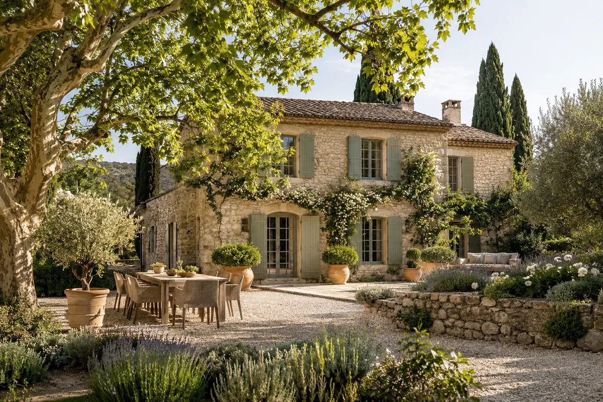 Illustration générée par IA : maison en pierre entourée d’un jardin arboré en Provence