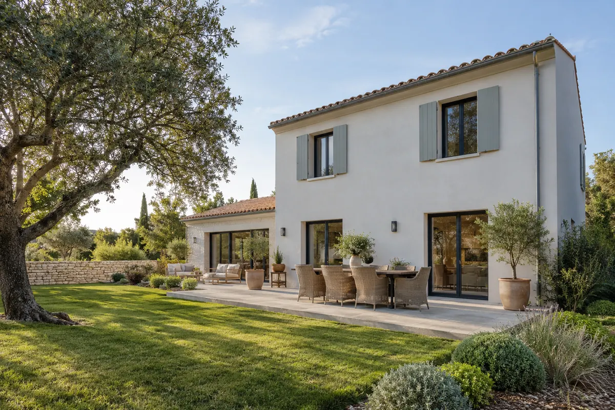 Illustration générée par IA : maison contemporaine avec terrasse et jardin