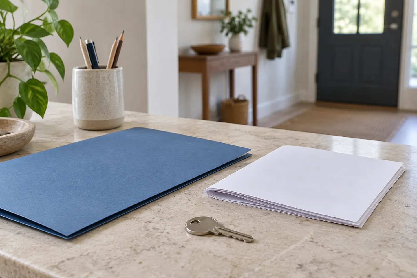Illustration fictive générée par IA : Clé et formulaire vierge sur un bureau fictif pour préparer une demande