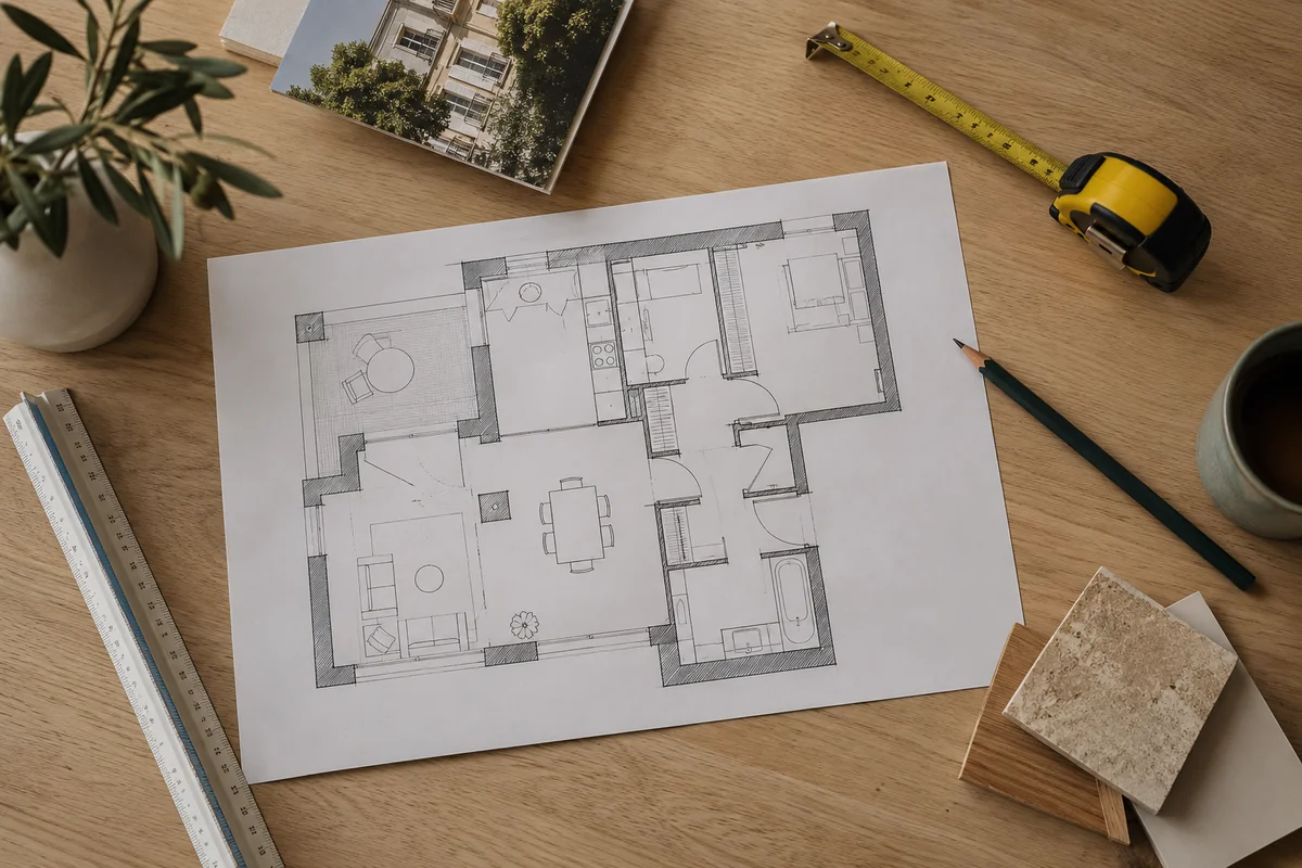 Illustration générée par IA : plan de logement avec mètre ruban et outils de dessin