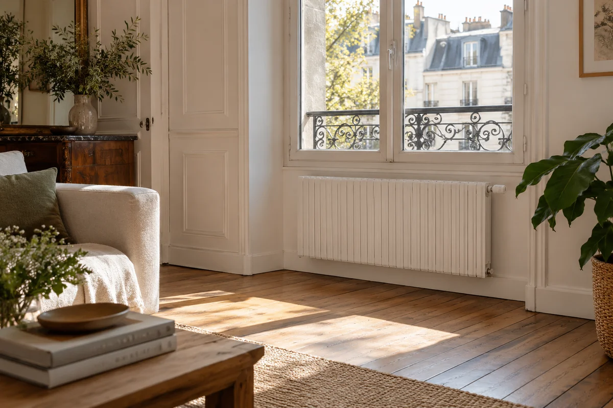 Illustration générée par IA : radiateur mural éclairé par le soleil dans une pièce