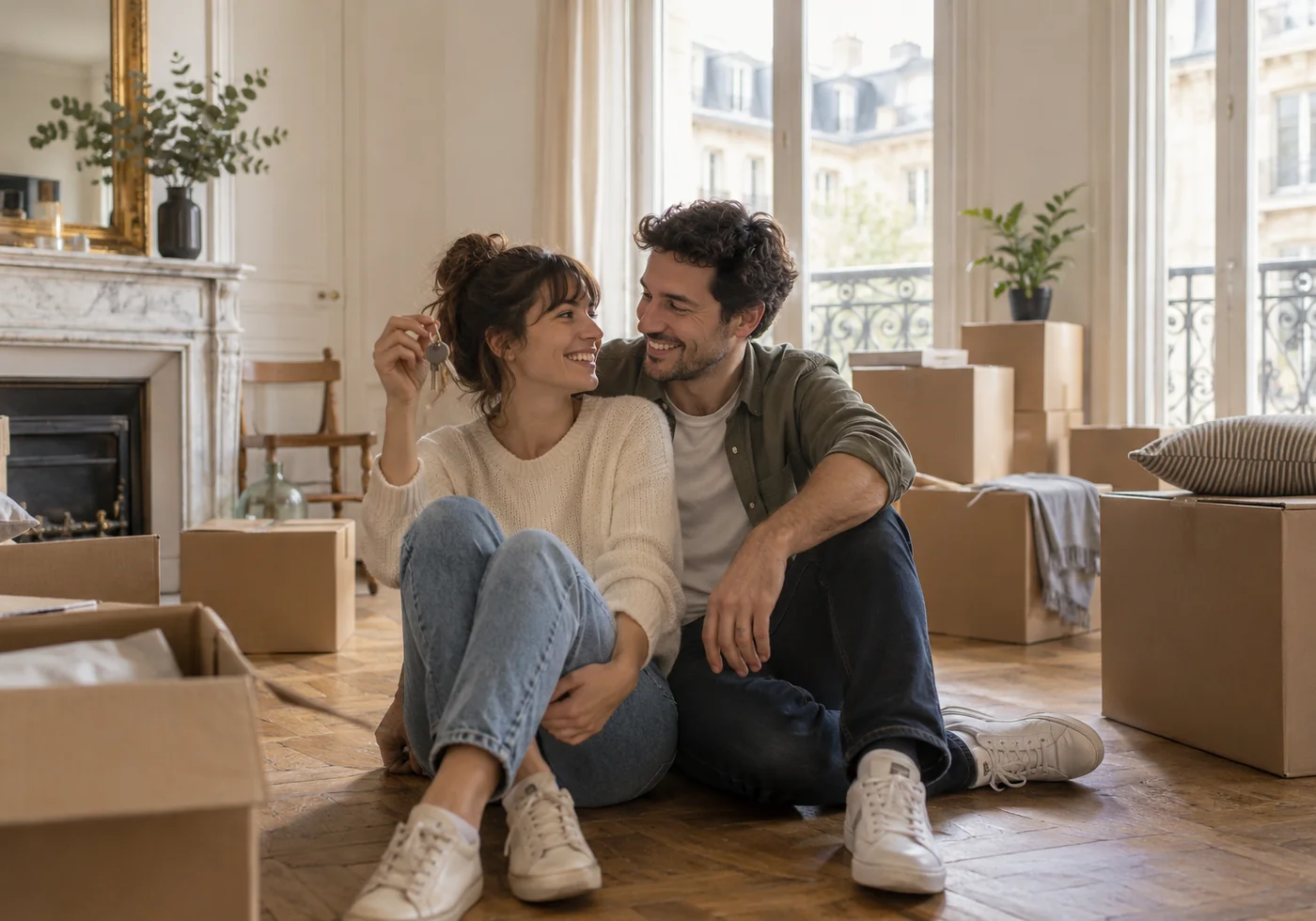 Illustration générée par IA : couple installé au milieu de cartons tenant les clés de son nouveau logement