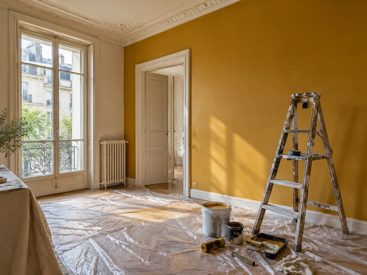 Illustration générée par IA : pièce en rénovation avec escabeau, parquet et mur jaune