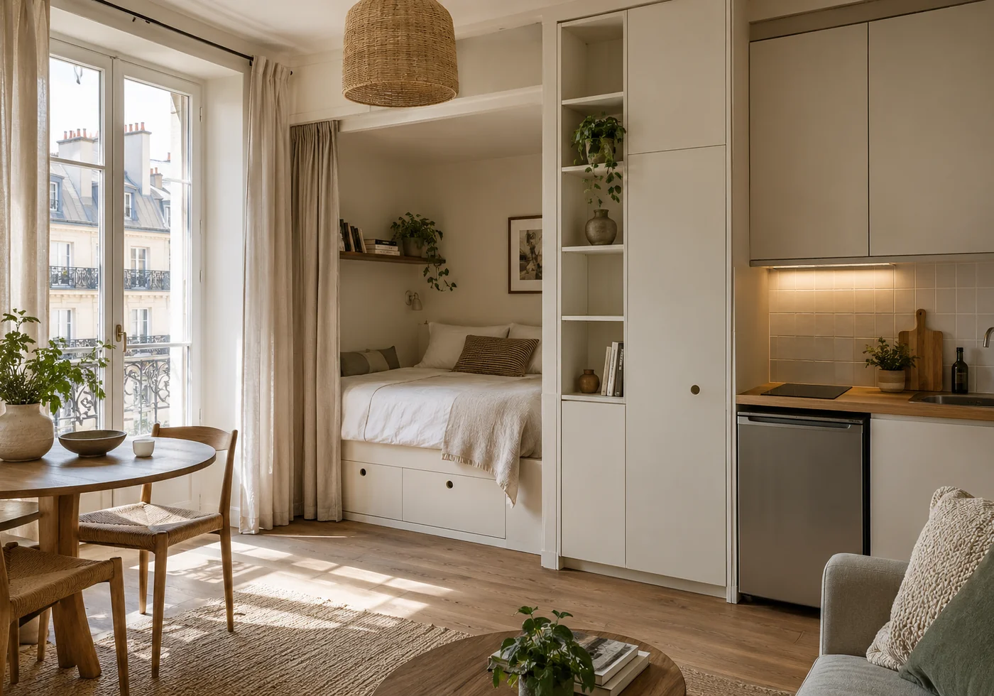Illustration générée par IA : studio contemporain réunissant cuisine et chambre dans un espace compact