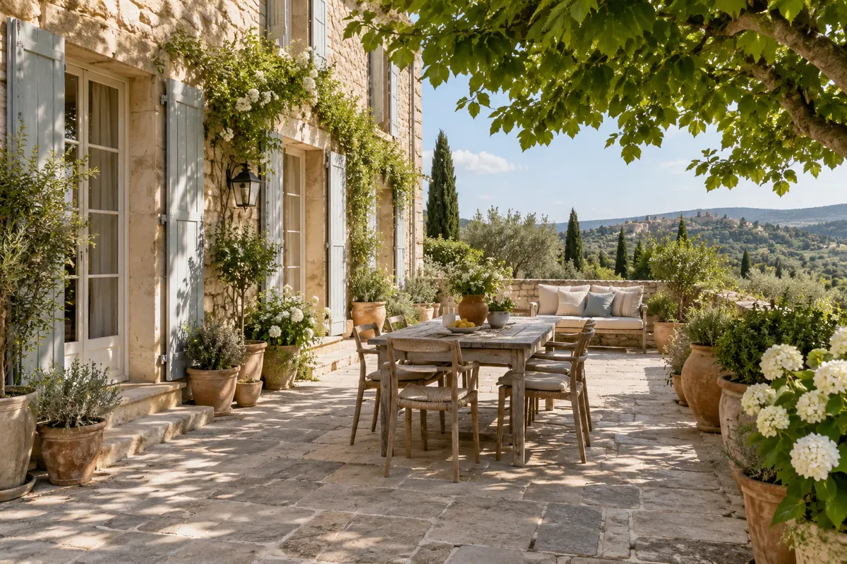 Illustration générée par IA : terrasse aménagée avec mobilier et végétation près d’une maison