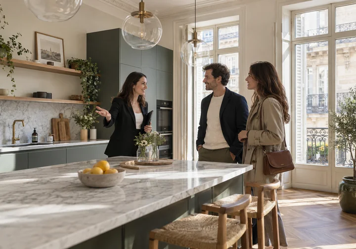 Illustration générée par IA : agent immobilier faisant visiter une cuisine moderne à deux personnes