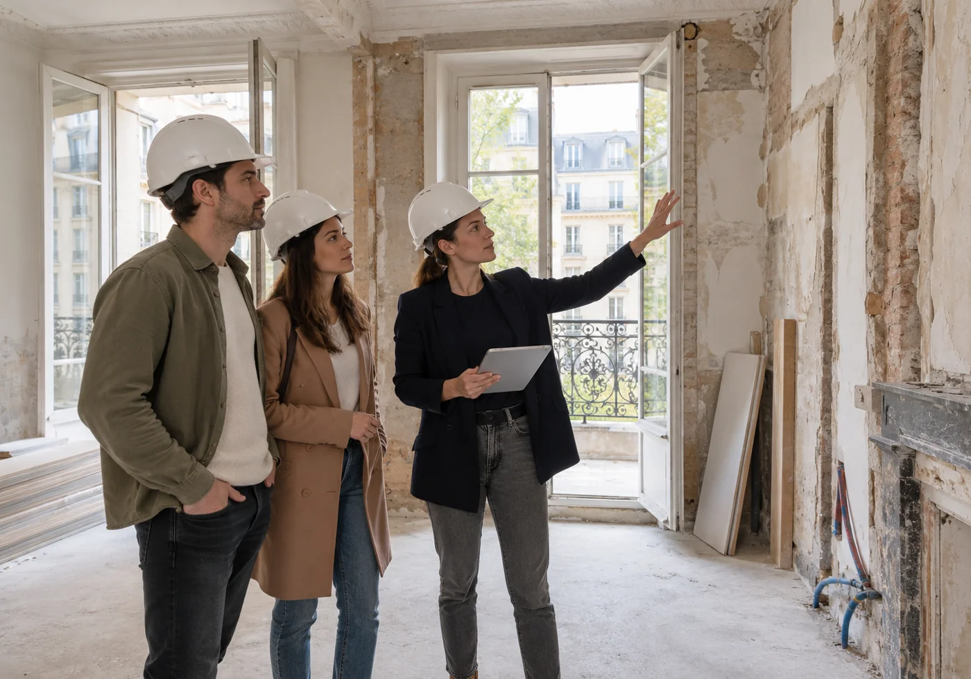 Illustration générée par IA : clients et professionnelle visitant un appartement en chantier avec des casques