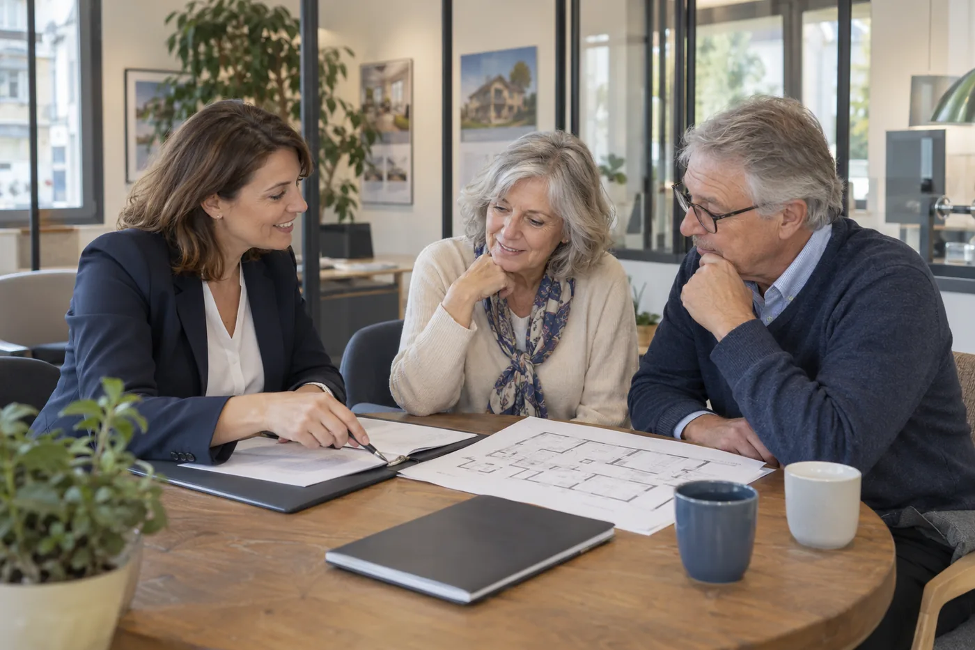 Illustration fictive générée par IA : Une agente immobilière échange avec un couple autour de documents dans une agence lumineuse.