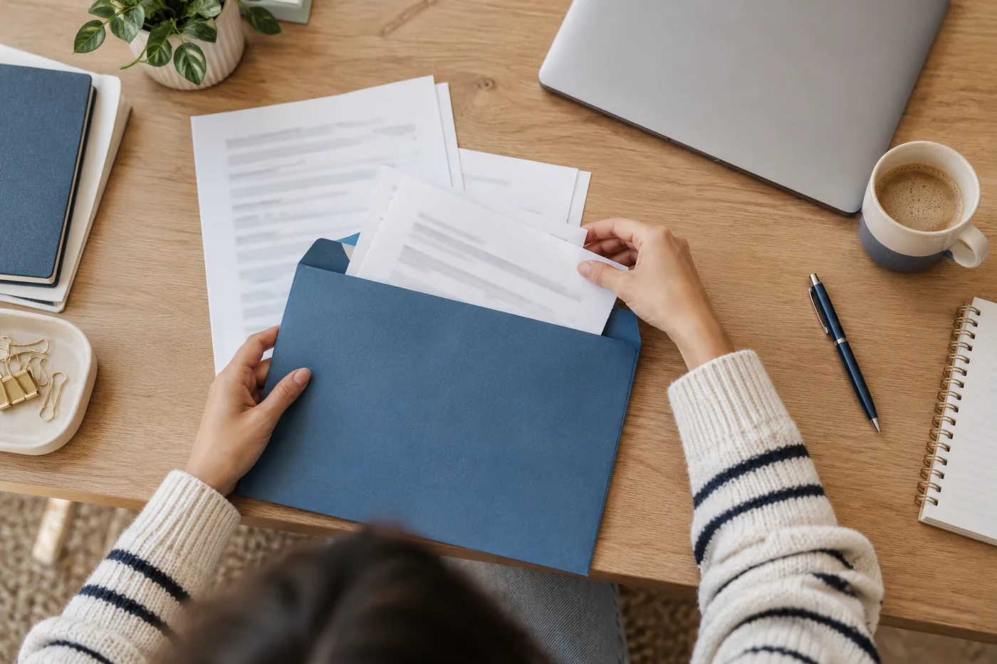Illustration fictive générée par IA : des documents de location sont rangés dans une enveloppe sur un bureau