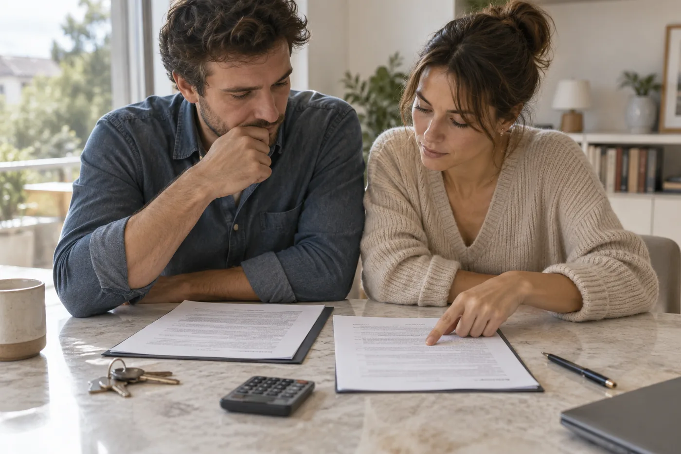 Illustration fictive générée par IA : Un couple examine des contrats immobiliers avec une calculatrice et des clés sur la table.