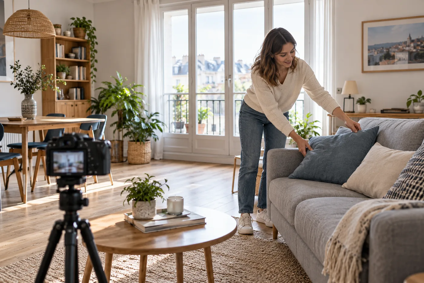 Illustration fictive générée par IA : Une propriétaire prépare les coussins de son salon devant un appareil photo sur trépied.