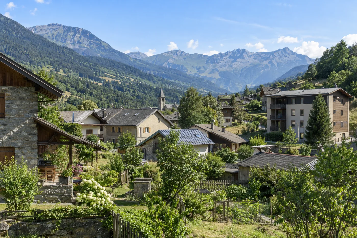 Illustration fictive générée par IA : paysage résidentiel inspiré de la région Auvergne-Rhône-Alpes