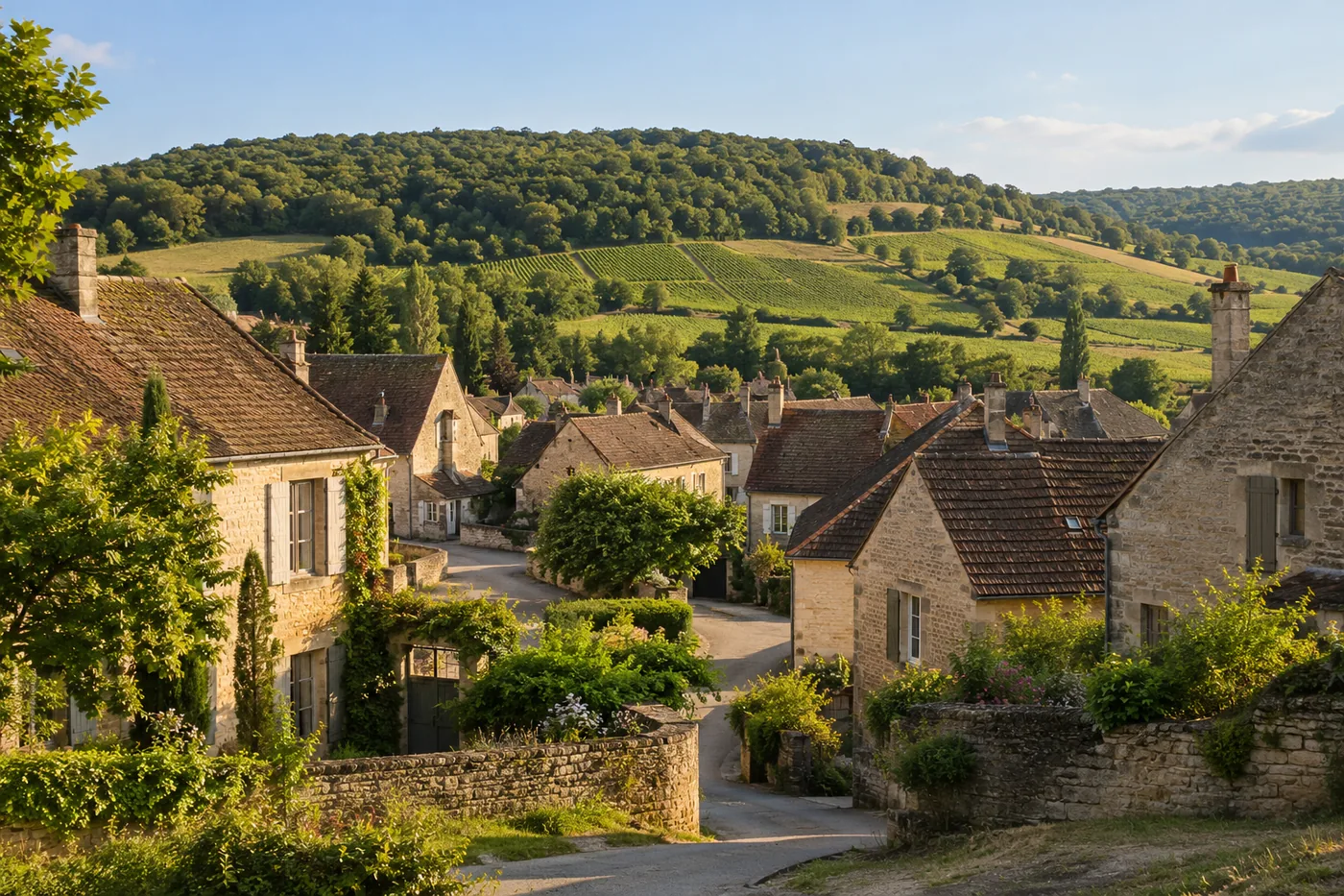 Illustration fictive générée par IA : paysage résidentiel inspiré de la région Bourgogne-Franche-Comté