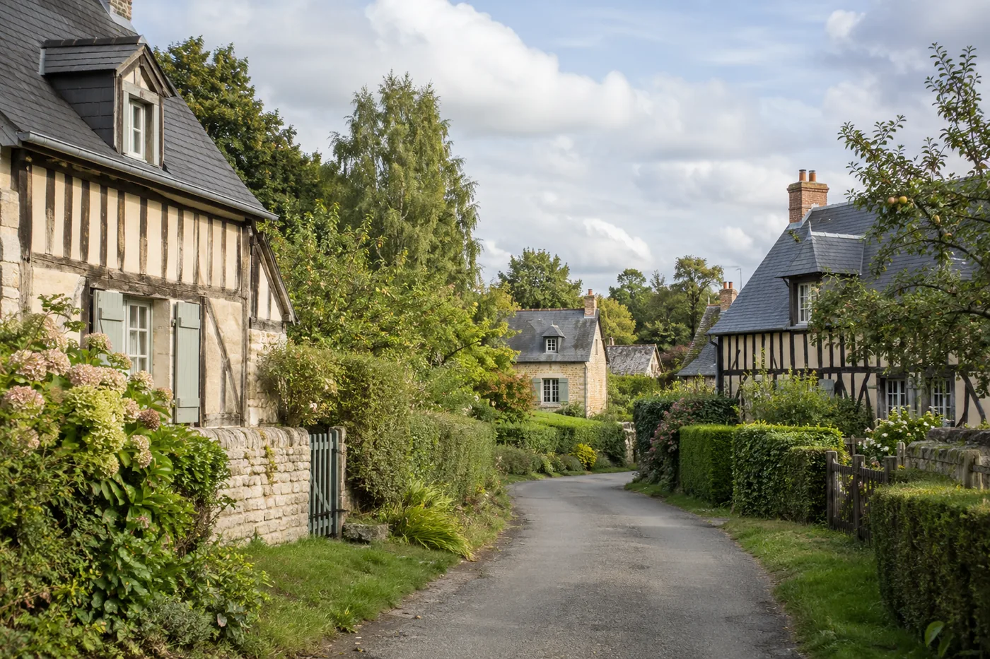 Illustration fictive générée par IA : paysage résidentiel inspiré de la région Normandie