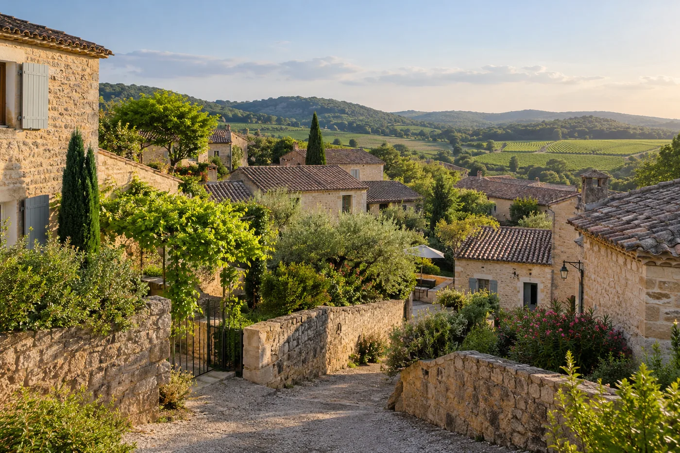 Illustration fictive générée par IA : paysage résidentiel inspiré de la région Nouvelle-Aquitaine